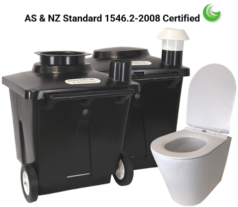 Photo of Greenloo New Zealand new GT 120 composting toilet system with black tanks and white porcelain toilet