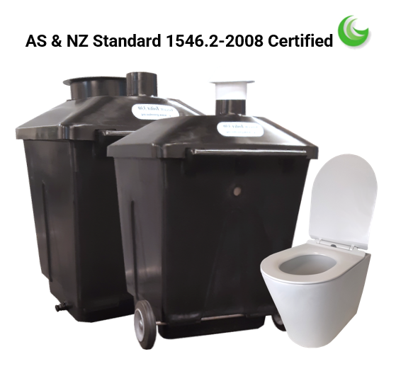 Photo of Greenloo New Zealand new GT 330 composting toilet system with black tanks and white porcelain toilet